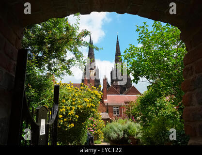 Kathedrale von Lichfield aus dem Erasmus Darwin House Garden, Staffordshire, England, UK Stockfoto