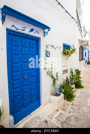 Straßenansicht der arabischen Stadt, schöne dekorative blaue Tür so typischen Form für Tunesien, Hammamet Stockfoto