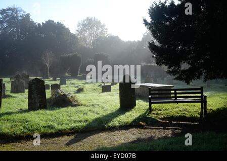 Friedhof am frühen Morgen Herbstnebel mit starkem Tau auf dem Gras im November Stockfoto