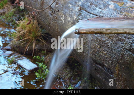 Quellwasser fließt auf einem hölzernen Kanal Stockfoto