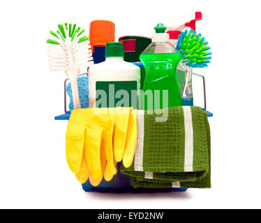 Reinigungsmittel mit gelben Gummihandschuhen. Stockfoto