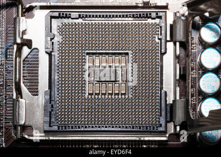 Nahaufnahme der Intel 775 Prozessor Sockel auf Home Computer Motherboard, ohne den Chip. Muster Stockfoto