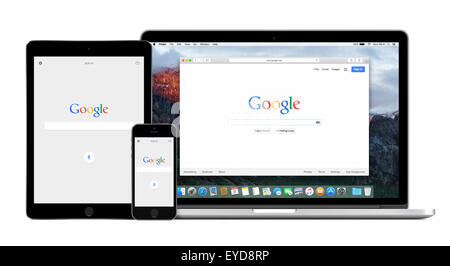 Varna, Bulgarien - 2. Februar 2015: Google app auf Apple iPhone und iPad Displays und Google-Suche auf Apple Macbook Pro Bildschirm. Stockfoto