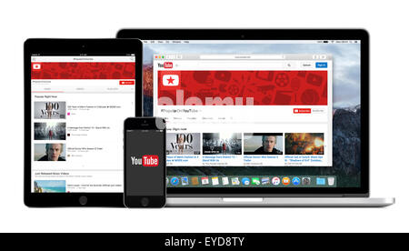 Varna, Bulgarien - 2. Februar 2015: YouTube Multi Geräte bestehend aus Apple iPhone- und iPad-app und YouTube auf Macbook Bildschirm Stockfoto
