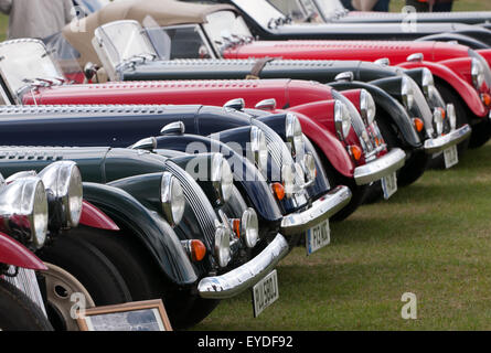 Eine Reihe von Morgan Sportwagen auf dem Display eines der Car Club Zonen, bei der Silverstone Classic, 2015. Stockfoto