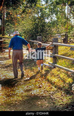 Ein älterer Mann und seiner fünf Jahre alten Enkel gehen gemeinsam auf einem Weg in Lake Forest, Kalifornien, an einem sonnigen Nachmittag. Stockfoto