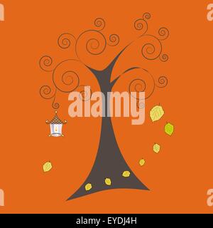 Herbst Baum mit fallenden Blätter und alte Lampe. Kunst-Vektor-Illustration für Sie entwerfen. Stock Vektor