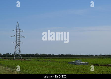 Hochspannungsleitungen und Strommasten in eine flache und grüne Agrarlandschaft an einem sonnigen Tag mit Cirruswolken am blauen Himmel Stockfoto