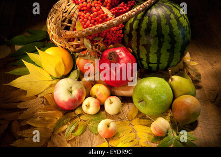 Stillleben Wassermelone Apfel Obst essen Weidenkorb Studio horizontale Essen Ebereschenbeere Beeren Produktobjekten hautnah Stockfoto