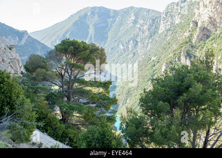 Das Unterteil der Verdon-Schluchten gesehen von einem Aussichtspunkt an der Straße zum Dorf la Palud-Sur-Verdon. Stockfoto