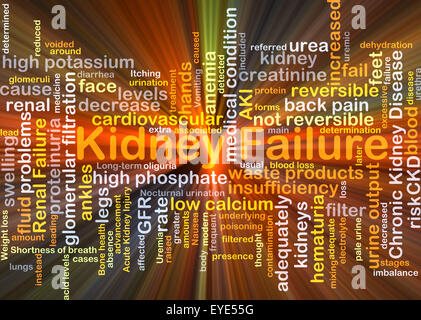 Hintergrund-Konzept Wordcloud Illustration der Niere Ausfall gleißenden Licht Stockfoto