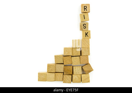 Risiko Wort hölzerne Alphabet Blöcke auf weißem Hintergrund aus Draufsicht Stockfoto