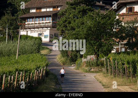 Frau geht bergauf auf einer ruhigen, ländlichen Straße in Nord-Italien, Südtirol. Stockfoto