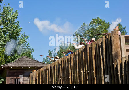 Musketen abgefeuert von den Wänden des Forts in einer Anzeige der Canada Day am Fort Langley National Historic Site in Fort Langley, BC Stockfoto