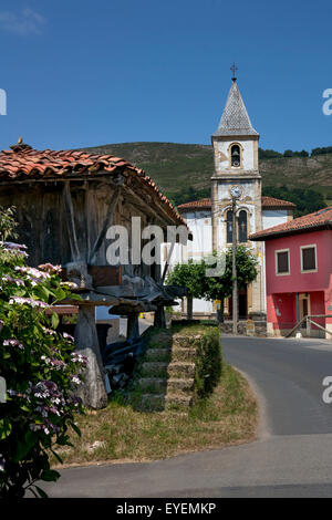 Ländliche Dorf von Miyares mit typischen traditionellen Getreidespeicher (Horreo), Asturien, Nordspanien Stockfoto