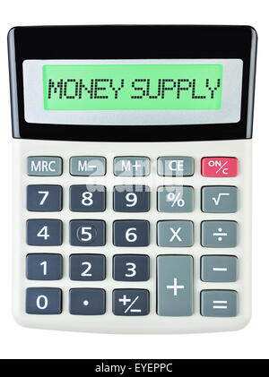 Taschenrechner mit GELDMENGE auf dem Display auf weißem Hintergrund Stockfoto