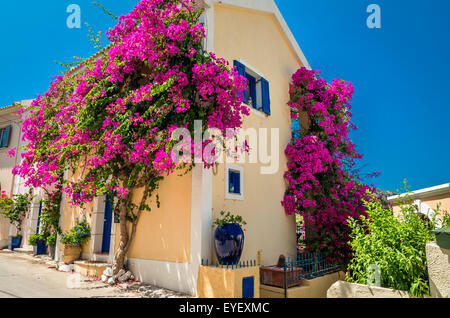 Traditionelle griechische Haus mit magentafarbenen Blüten in Assos Fischerdorf, Insel Kefalonia, Griechenland. Stockfoto