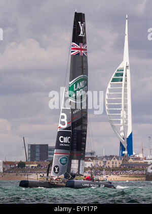 Sir Ben Ainslie AC45 Katamaran durchläuft der Spinnaker Tower und sein Team HQ (großes Gebäude links des Segels) während Stockfoto