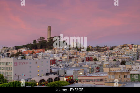 Coit Tower und Telegraph Hill bei Dämmerung von einem Chinatown auf der Dachterrasse, San Francisco Stockfoto