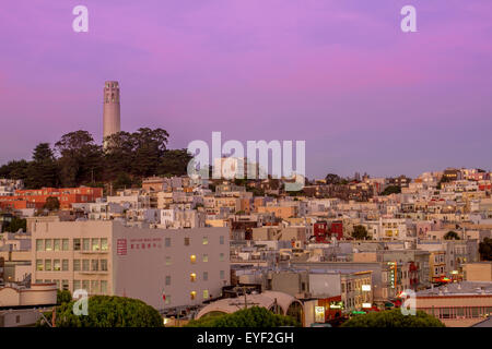 Coit Tower und Telegraph Hill bei Dämmerung von einem Chinatown auf der Dachterrasse, San Francisco Stockfoto