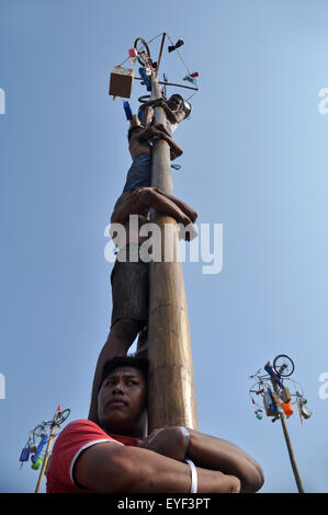 Areca-Nuss Baum klettern Wettbewerb oder Panjat Pinang ist eine der Aktivitäten von der indonesischen Bevölkerung Unabhängigkeit feiern Stockfoto