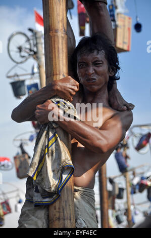 Areca-Nuss Baum klettern Wettbewerb oder Panjat Pinang ist eine der Aktivitäten von der indonesischen Bevölkerung Unabhängigkeit feiern Stockfoto