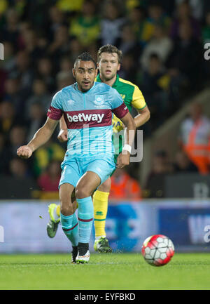 Norwich, Vereinigtes Königreich. 28. Juli 2015. Vorsaison-Freundschaftsspiel zwischen Norwich City und West Ham United. West Ham United ist Dimitri Payet. Bildnachweis: Aktion Plus Sport/Alamy Live-Nachrichten Stockfoto