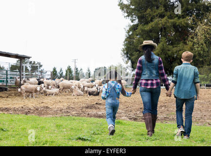 Mutter mit Tochter (6-7) und Sohn (10-11) auf Bauernhof mit Schafen Stockfoto
