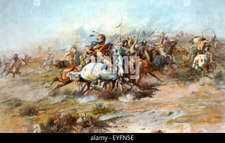 "Custer Bekämpfung" von Charles Marion Russell. Lithographie. Die Schlacht von Little Bighorn, von der indischen Seite zeigt. Stockfoto