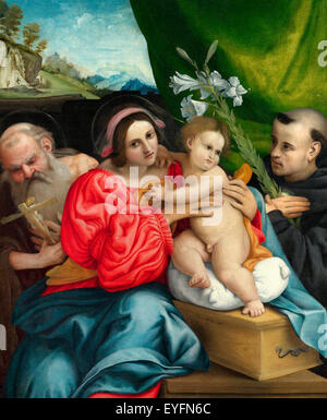 Jungfrau und Kind mit Heiligen Hieronymus und Nikolaus von Tolentino Lorenzo Lotto, um 1500 Stockfoto