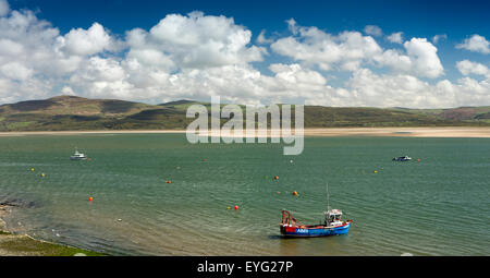 Großbritannien, Wales, Gwynedd, Aberdovey, Boote vertäut im Dovey River Mündung, Panorama Stockfoto
