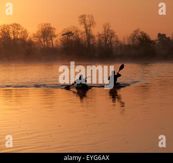 Ruderer auf dem Fluss Trent bei Sonnenaufgang, Colwick Nottingham England UK Stockfoto