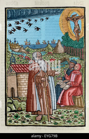 Ramon Llull (1235-1316). Spanischer Schriftsteller und Philosoph. Blanquerna, ca. 1293. Gravur von Ramon Llull predigen oder im Gespräch mit zwei Personen oder jünger. Farbige. Stockfoto