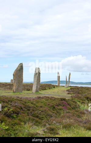 Neolithische Menhire, Teil des Ring of Brodgar, Orkney Inseln, Schottland, UK, Europa. Blick nach Norden zum Loch Harray Stockfoto