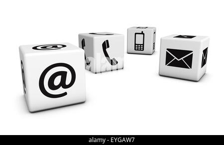 Web Kontakt Internet-Konzept mit e-Mail, Handy und schwarze Symbole und Symbol auf vier weißen Würfel für Website und Blog. Stockfoto