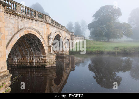 Nebligen Herbstmorgen am Ufer des River Derwent in Chatsworth, Peak District Derbyshire England UK Stockfoto