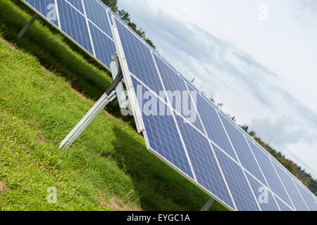 Feld mit blauen Siliciom Solarzellen Alternativenergie, Sonnenenergie zu sammeln Stockfoto