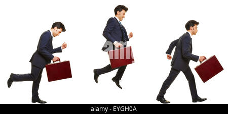 Seitenansicht der Geschäftsmann laufen und springen mit einem Briefase isoliert auf weiss Stockfoto