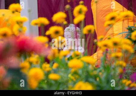 Garten-Buddha-Statue in einem Showgarten am Ball Colegrave Gärten Open Day 2015. Adderbury, Banbury, Oxfordshire, England Stockfoto