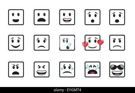 Set von quadratischen Icons in verschiedenen Emotionen und Stimmungen. Stock Vektor