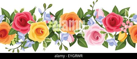 Horizontale nahtlose Hintergrund mit bunten Rosen und Freesien Blumen. Vektor-Illustration. Stock Vektor