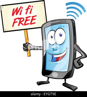 Spaß mobile Cartoon mit wi-Fi-Schild auf weiß isoliert Stock Vektor