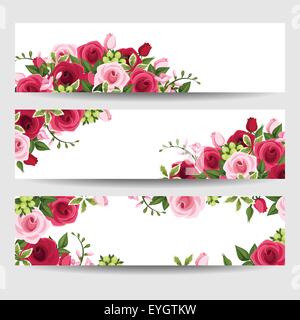 Banner mit roten und rosa Rosen und Freesien Blumen. Vektor-Illustration. Stock Vektor
