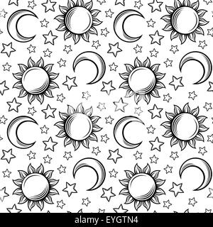 Nahtlose Muster mit Sonnen, Monden und Sternen. Vektor-Illustration. Stock Vektor