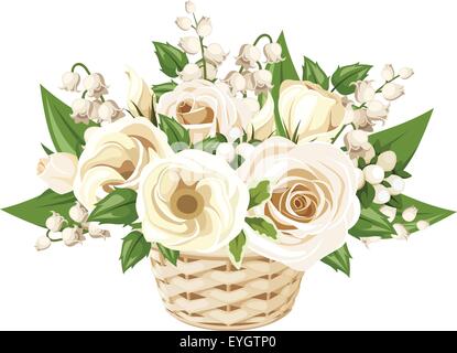 Weiße Rosen, Lisianthuses und Maiglöckchen in Korb. Vektor-Illustration. Stock Vektor