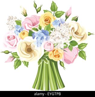 Bouquet aus bunten Rosen, Lisianthus und lila Blumen. Vektor-Illustration. Stock Vektor