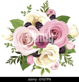 Rosa und weiße Rosen und Lisianthus Blumen. Vektor-Illustration. Stock Vektor