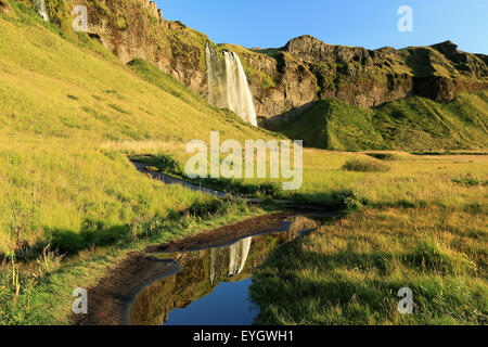 Wasserfall Seljalandsfoss in der Dämmerung, in der Nähe von Eyjafjallajökull-Gletscher im Süden Islands. Stockfoto