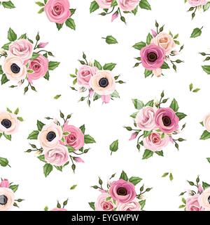 Nahtlose Muster mit rosa Rosen, Lisianthus und Anemone Blumen. Vektor-Illustration. Stock Vektor