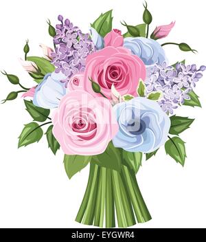 Bouquet von Rosa, blau und lila Rosen, Lisianthus und lila Blumen. Vektor-Illustration. Stock Vektor